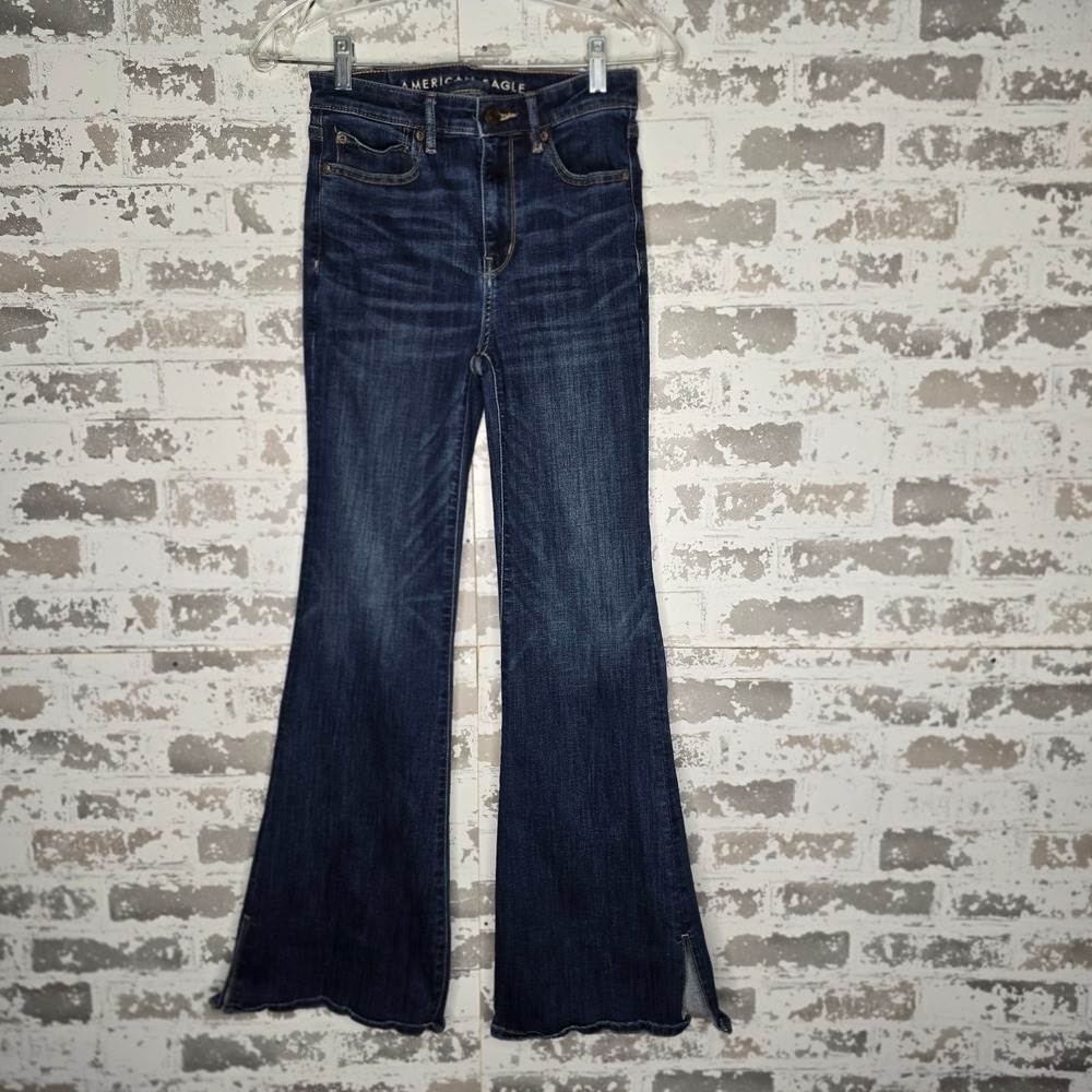 American Eagle Jeans Womens 2 Dark Blue Wash Super High Rise Flare Slit‎ Ankle